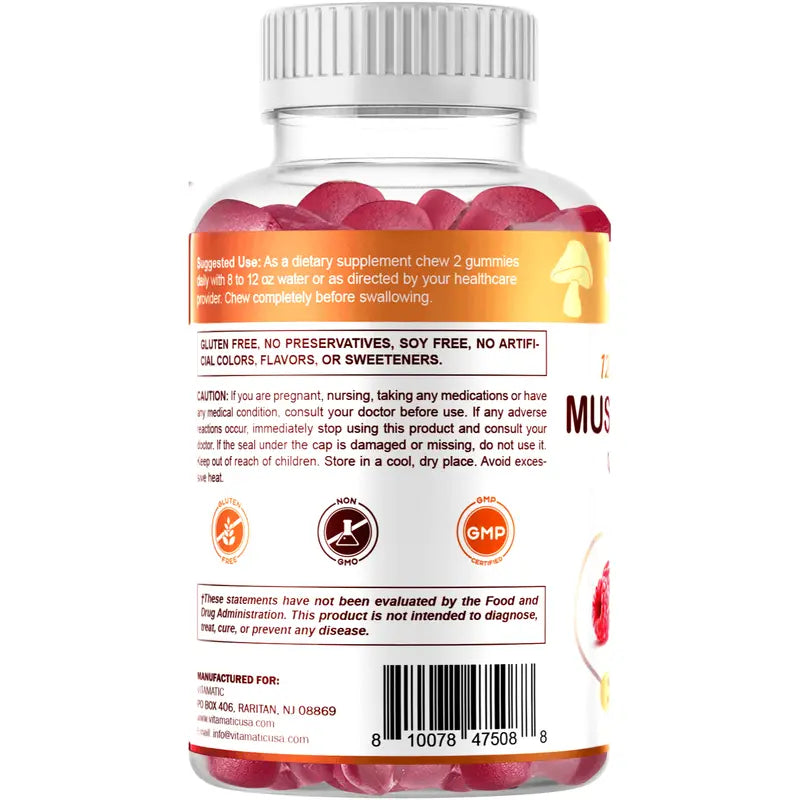 Vitamatic Mushroom Complex with D3 Gummies, 3000 mg Equivalent Per Serving, 60 Pectin Based Gummies