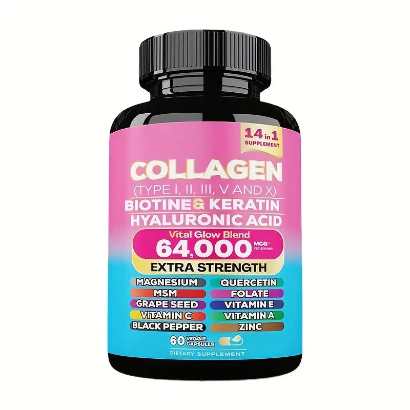 Extra Strength Collagen 64,000mcg - 14-in-1 Beauty Blend with Biotin, Keratin & Hyaluronic Acid (60 Veggie Capsules)