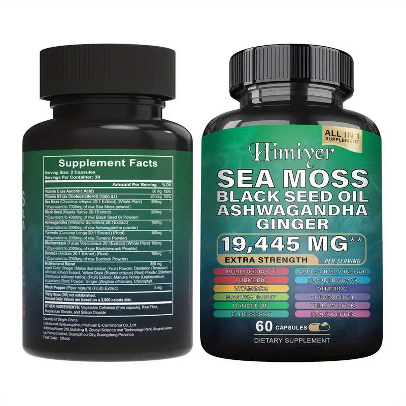 Himiyer Sea Moss Supplement - 19,445mg Extra Strength with Black Seed Oil, Ashwagandha & Ginger (60 Capsules)