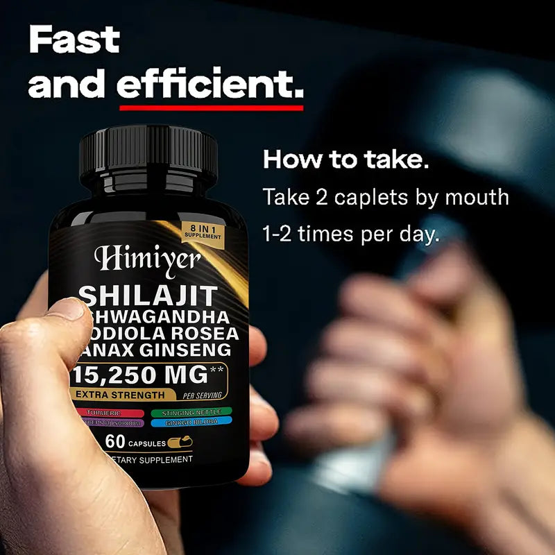 Himiyer 8-in-1 Shilajit Extra Strength Supplement - 15,250mg with Ashwagandha, Rhodiola Rosea & Panax Ginseng (60 Capsules)