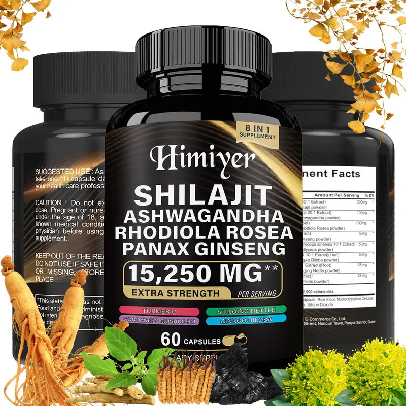 Himiyer 8-in-1 Shilajit Extra Strength Supplement - 15,250mg with Ashwagandha, Rhodiola Rosea & Panax Ginseng (60 Capsules)