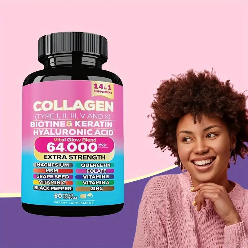 Extra Strength Collagen 64,000mcg - 14-in-1 Beauty Blend with Biotin, Keratin & Hyaluronic Acid (60 Veggie Capsules)