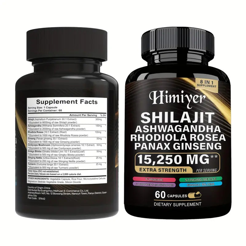 Himiyer 8-in-1 Shilajit Extra Strength Supplement - 15,250mg with Ashwagandha, Rhodiola Rosea & Panax Ginseng (60 Capsules)