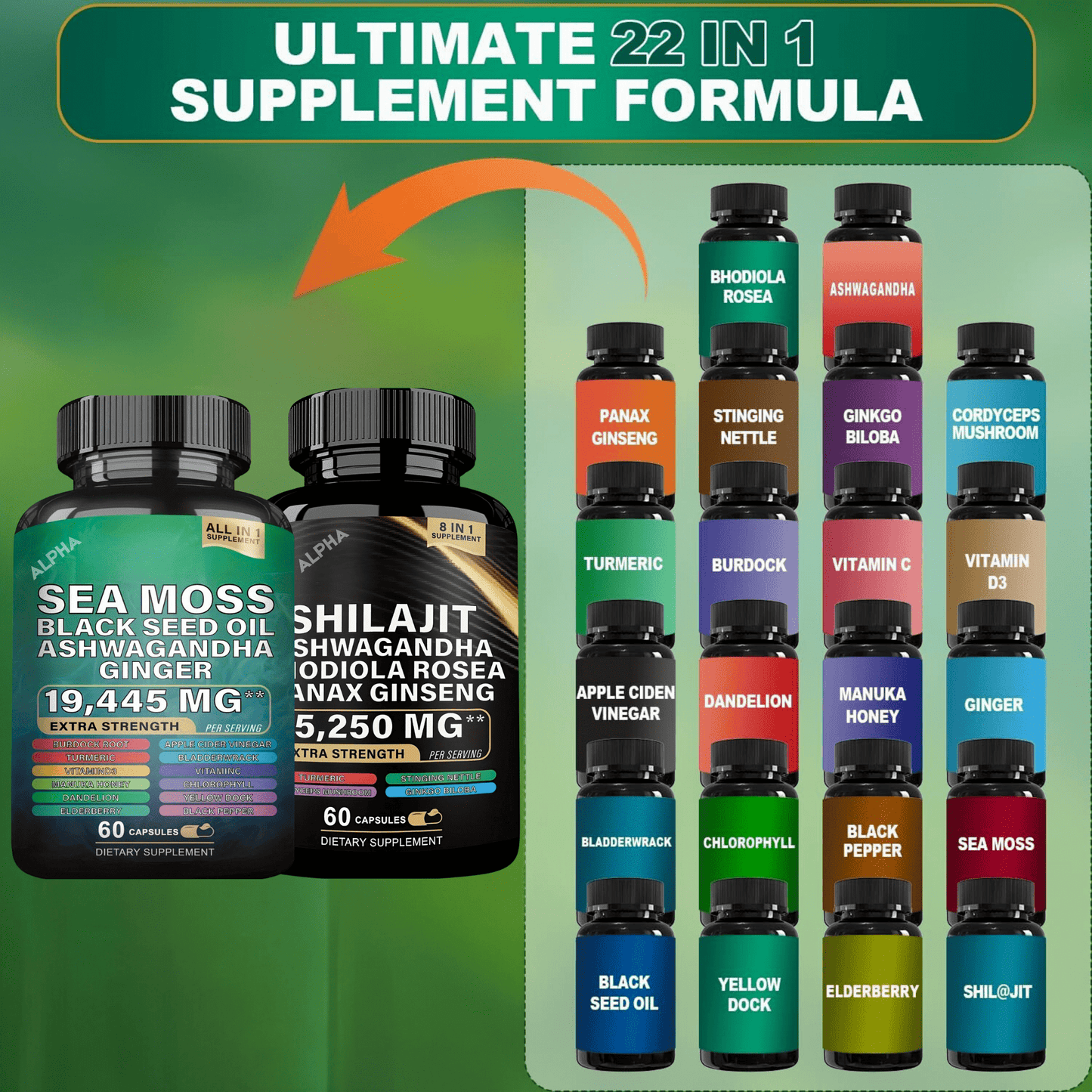 The Ultimate Sea Moss & Shilajit Bundle - 7000mg Sea Moss, 4000mg Black Seed Oil, 2000mg Ashwagandha, 9000mg Shilajit & Ginger, 1000mg Rhodiola Rosea, 1500mg Panax Ginseng, 30-Days Supply