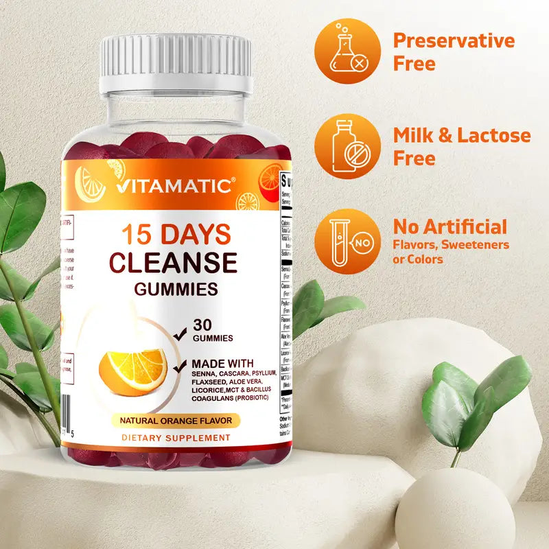 Vitamatic 15 Day Cleanse Gummies, Senna, Cascara, Psyllium, Flaxseed, Aloe Vera, Licorice, MCT, Probiotic