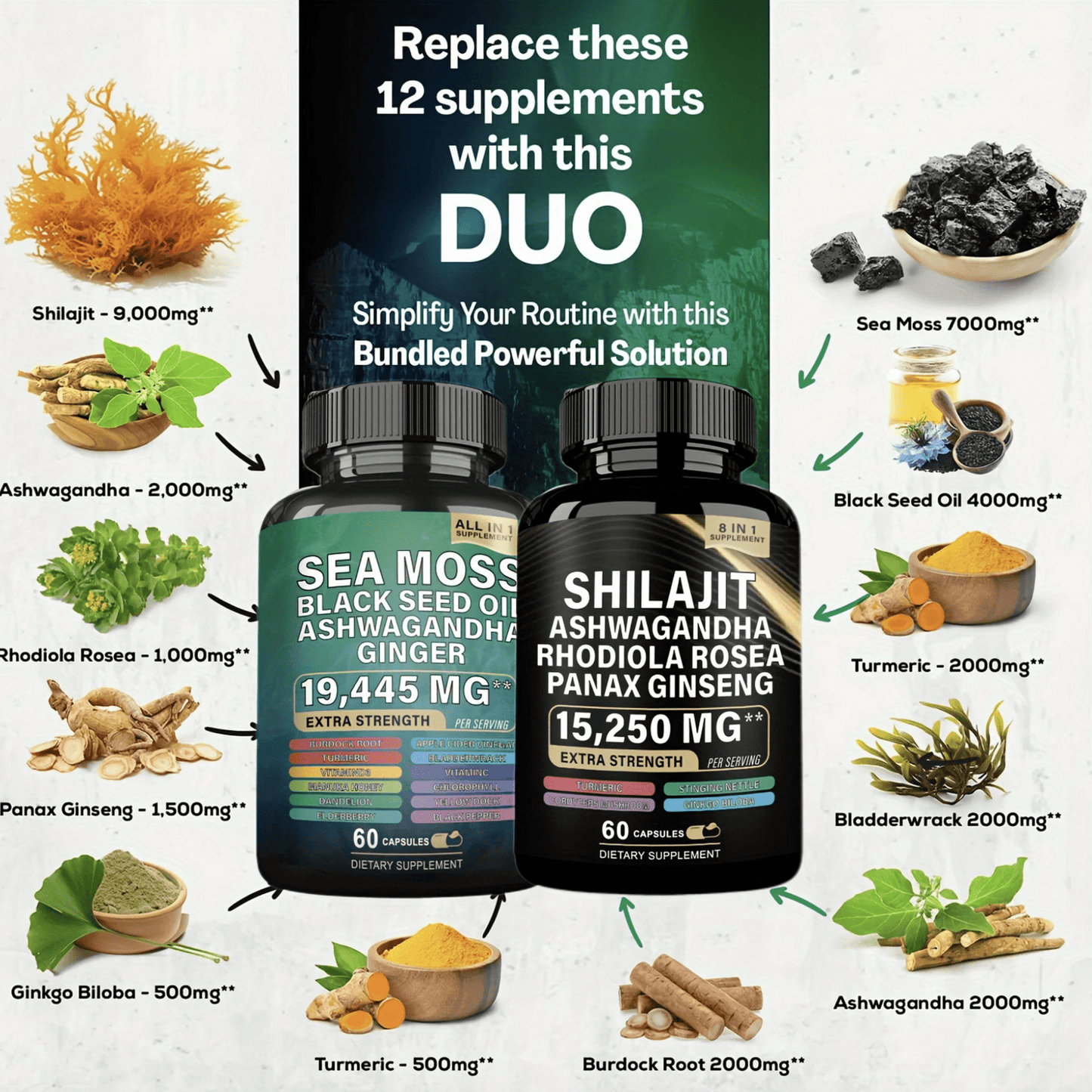 The Ultimate Sea Moss & Shilajit Bundle - 7000mg Sea Moss, 4000mg Black Seed Oil, 2000mg Ashwagandha, 9000mg Shilajit & Ginger, 1000mg Rhodiola Rosea, 1500mg Panax Ginseng, 30-Days Supply