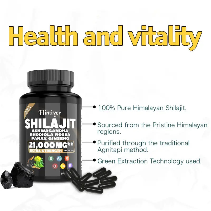 Himiyer 8-in-1 Shilajit Extra Strength Supplement - 15,250mg with Ashwagandha, Rhodiola Rosea & Panax Ginseng (60 Capsules)