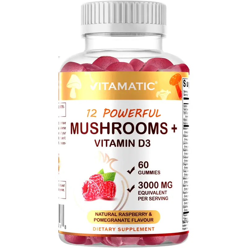 Vitamatic Mushroom Complex with D3 Gummies, 3000 mg Equivalent Per Serving, 60 Pectin Based Gummies