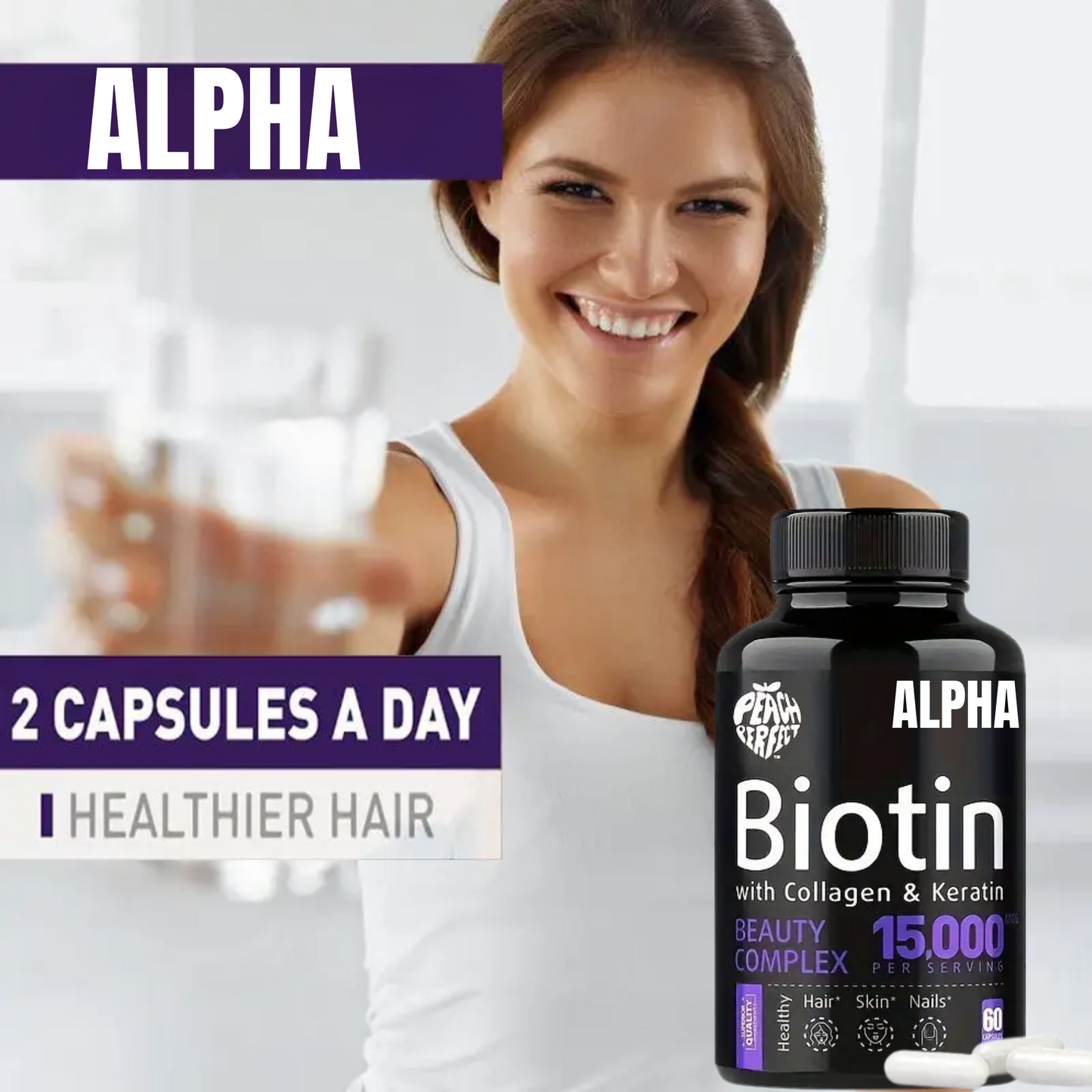 Biotin with Collagen & Keratin - Beauty Complex, 15,000mcg,  Multivitamin For Hair And Nail Nourishment,  60 Capsules/bottle