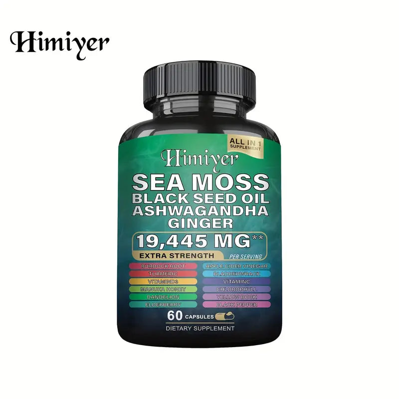 Himiyer Sea Moss Supplement - 19,445mg Extra Strength with Black Seed Oil, Ashwagandha & Ginger (60 Capsules)