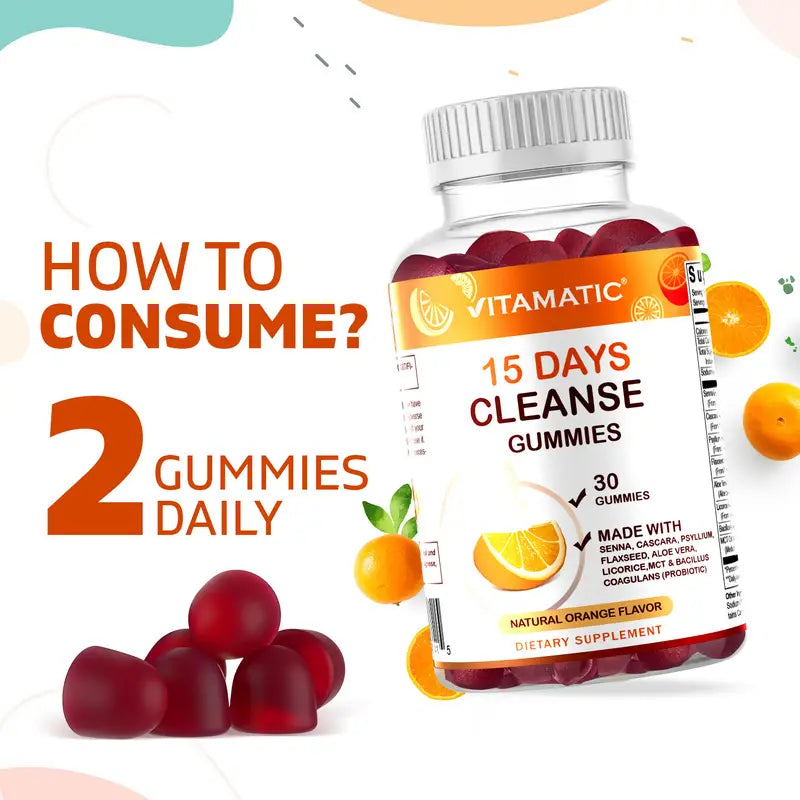 Vitamatic 15 Day Cleanse Gummies, Senna, Cascara, Psyllium, Flaxseed, Aloe Vera, Licorice, MCT, Probiotic