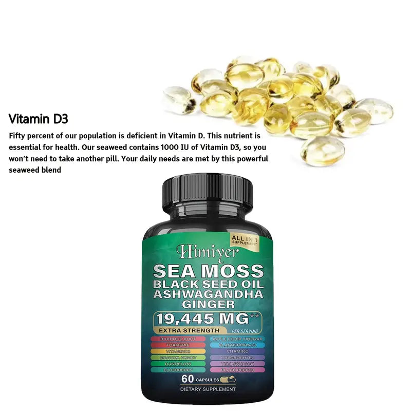 Himiyer Sea Moss Supplement - 19,445mg Extra Strength with Black Seed Oil, Ashwagandha & Ginger (60 Capsules)