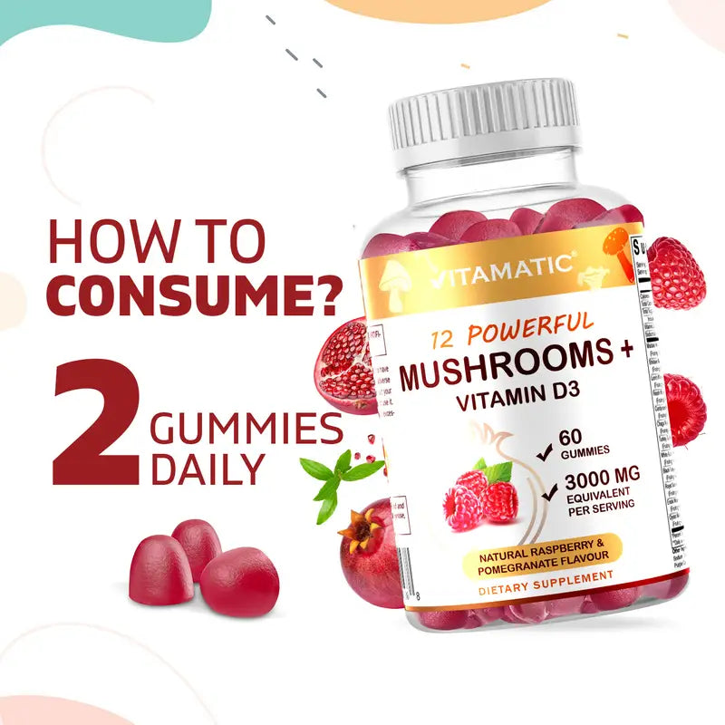 Vitamatic Mushroom Complex with D3 Gummies, 3000 mg Equivalent Per Serving, 60 Pectin Based Gummies