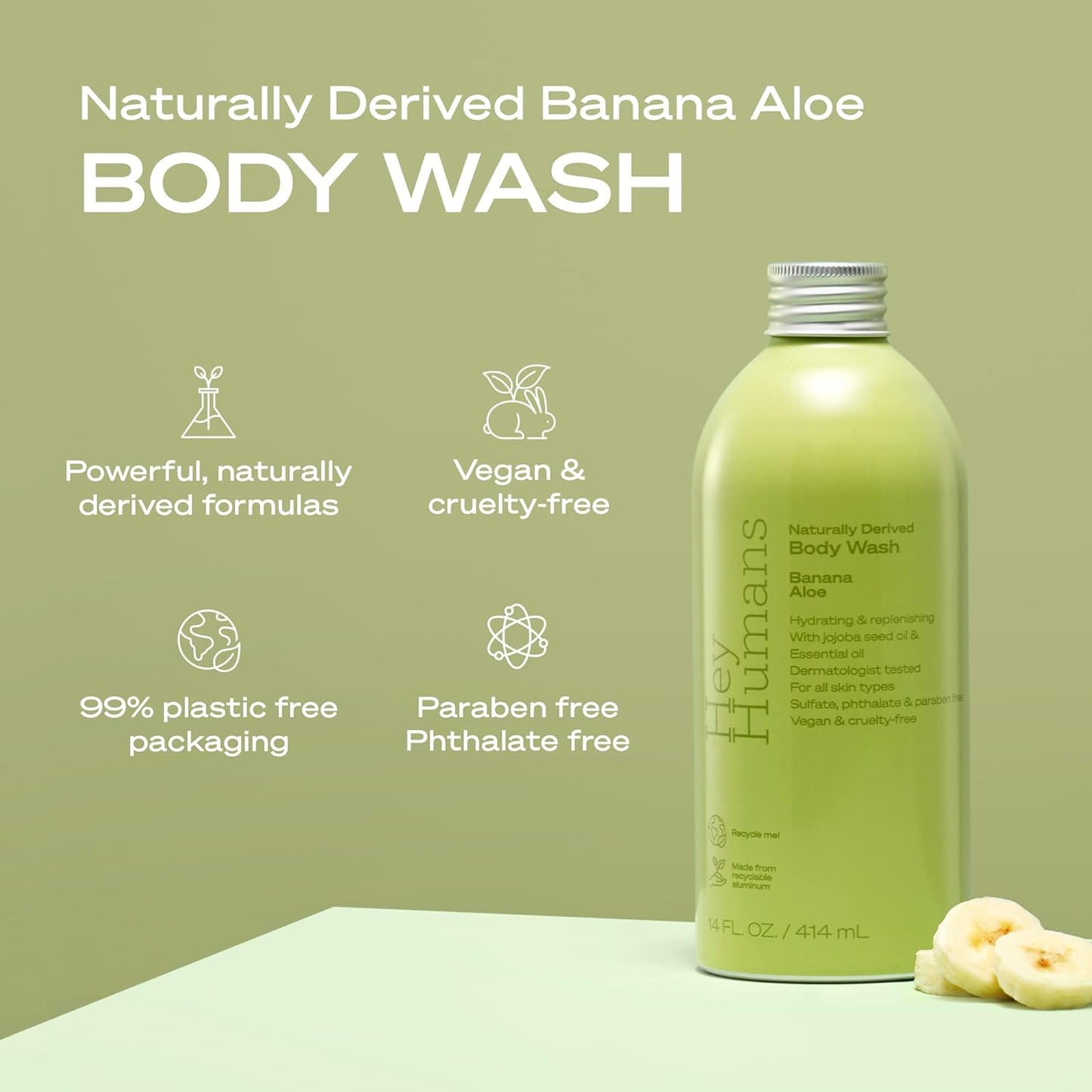 HEY HUMANS Banana Aloe Moisturizing Body Wash with Naturally Derived Ingredients & Jojoba Oil | Clean, Vegan, Sulfate Free Bath & Body Wash for Women & Men | Pack of 1