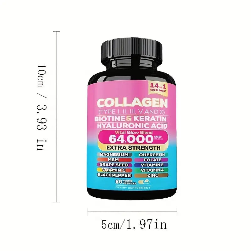 Extra Strength Collagen 64,000mcg - 14-in-1 Beauty Blend with Biotin, Keratin & Hyaluronic Acid (60 Veggie Capsules)