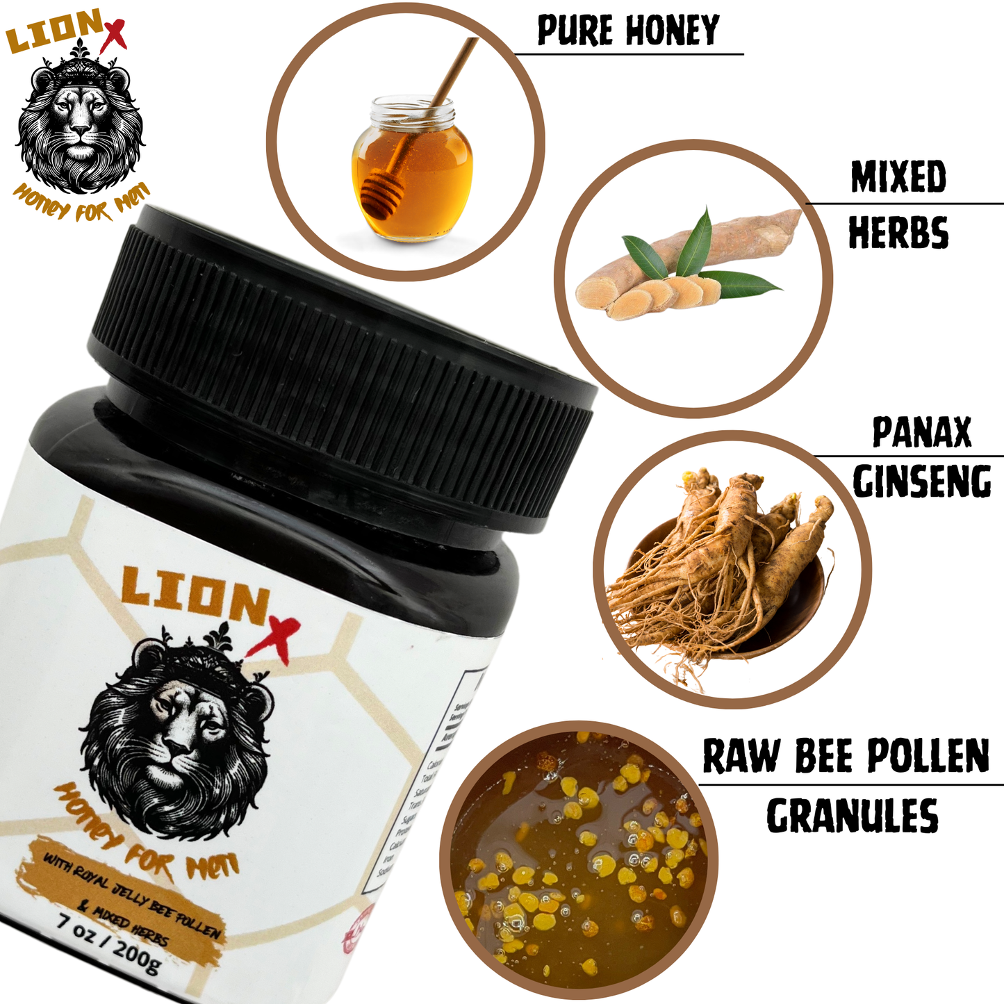 LionX- Honey with Real Bee Pollen Granules & Mixed Herbs – 7 oz (200g)