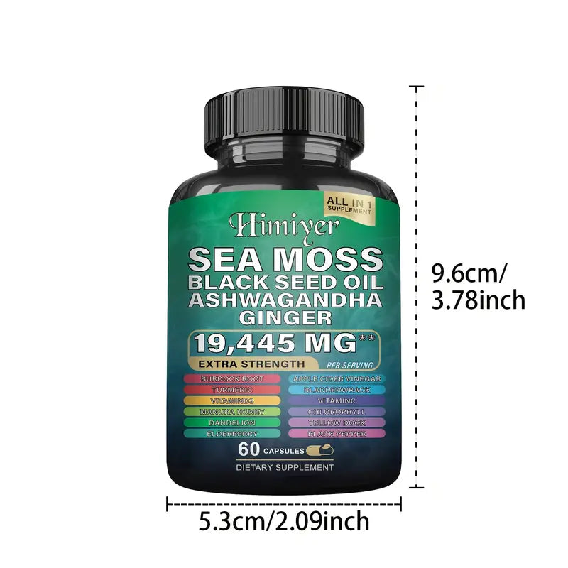 Himiyer Sea Moss Supplement - 19,445mg Extra Strength with Black Seed Oil, Ashwagandha & Ginger (60 Capsules)