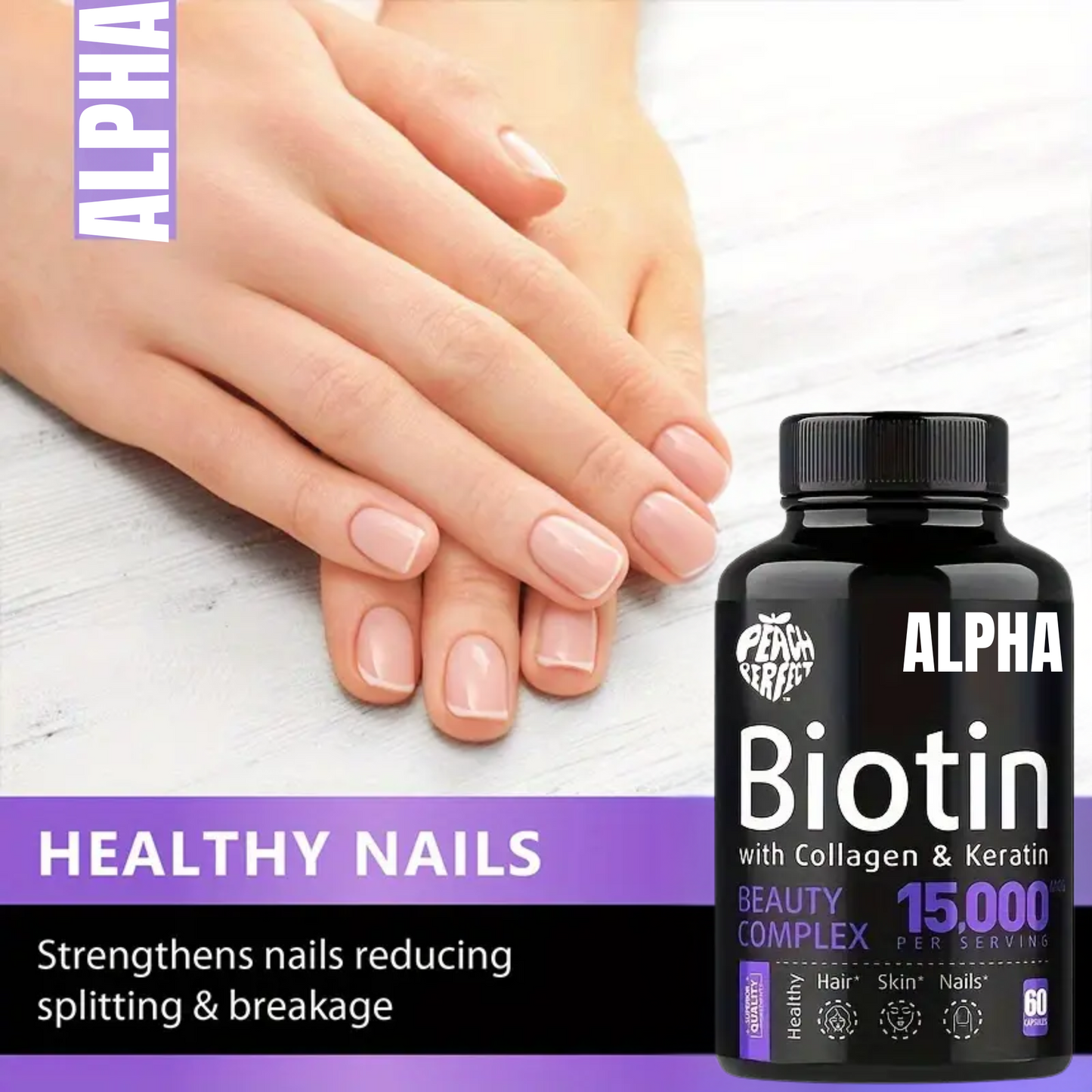 Biotin with Collagen & Keratin - Beauty Complex, 15,000mcg,  Multivitamin For Hair And Nail Nourishment,  60 Capsules/bottle