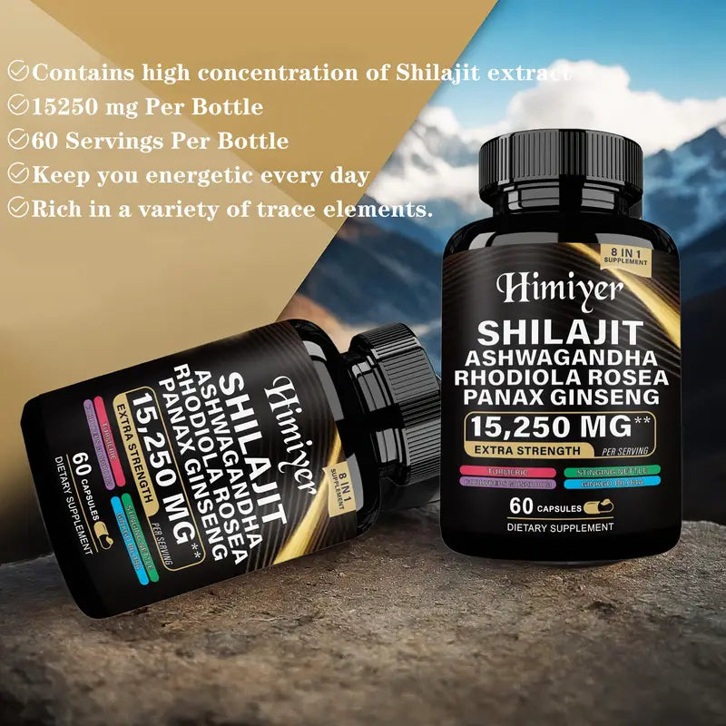 Himiyer 8-in-1 Shilajit Extra Strength Supplement - 15,250mg with Ashwagandha, Rhodiola Rosea & Panax Ginseng (60 Capsules)