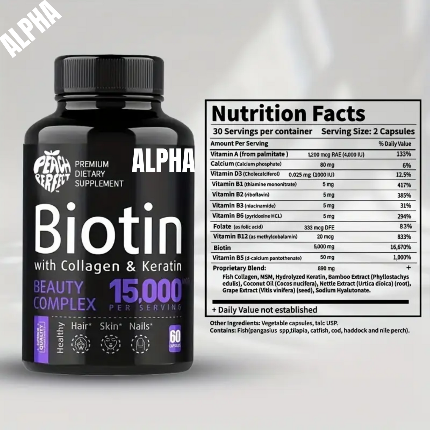 Biotin with Collagen & Keratin - Beauty Complex, 15,000mcg,  Multivitamin For Hair And Nail Nourishment,  60 Capsules/bottle