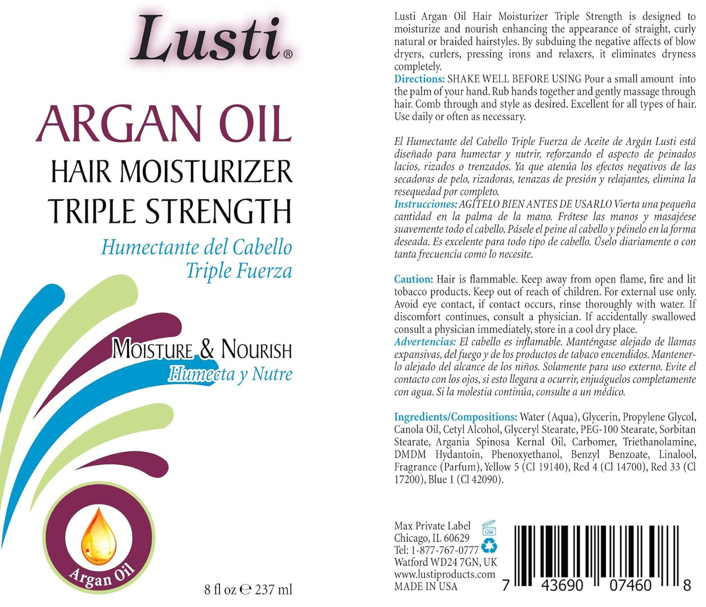 Argan Oil Hair Moisturizer Triple Strength, 8 fl oz - Moisture & Nourish - Eliminate Dryness Completely