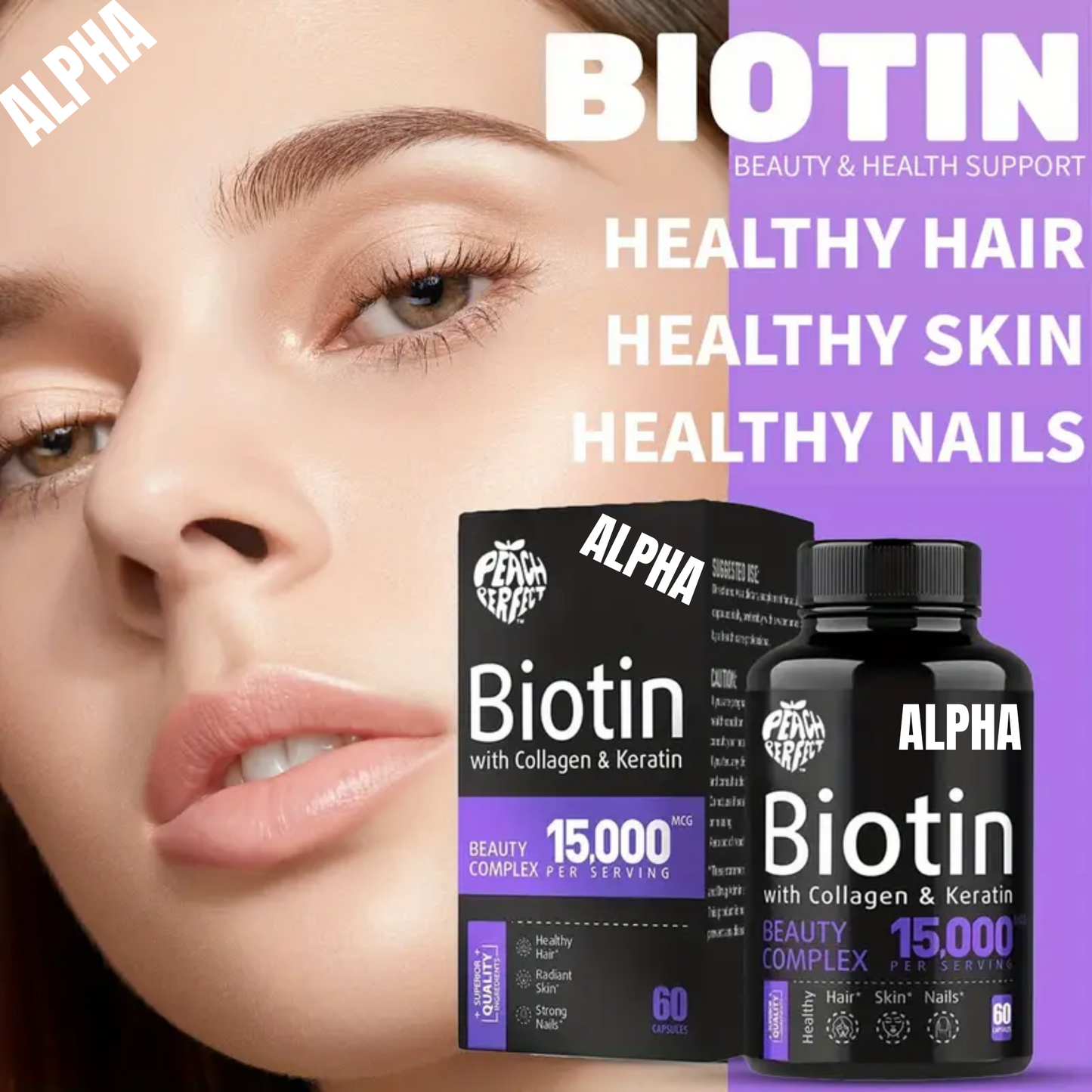 Biotin with Collagen & Keratin - Beauty Complex, 15,000mcg,  Multivitamin For Hair And Nail Nourishment,  60 Capsules/bottle