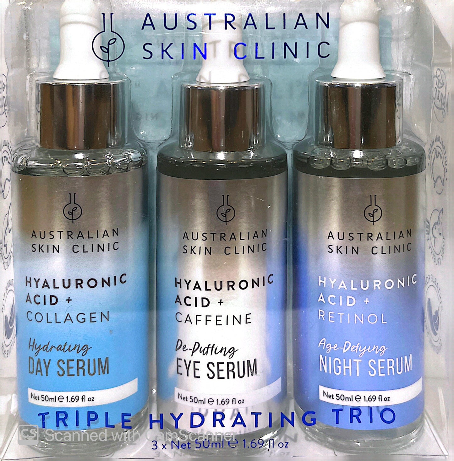 AUSTRALIAN SKIN CLINIC |Hydrating DAY SERUM: Hyaluronic Acid +Collagen & De-puffing EYE SERUM: Hyaluronic Acid + Caffeine & NIGHT SERUM: Hyaluronic Acid + Retinol ) | Net 3X50ml e 1.69 fl oz