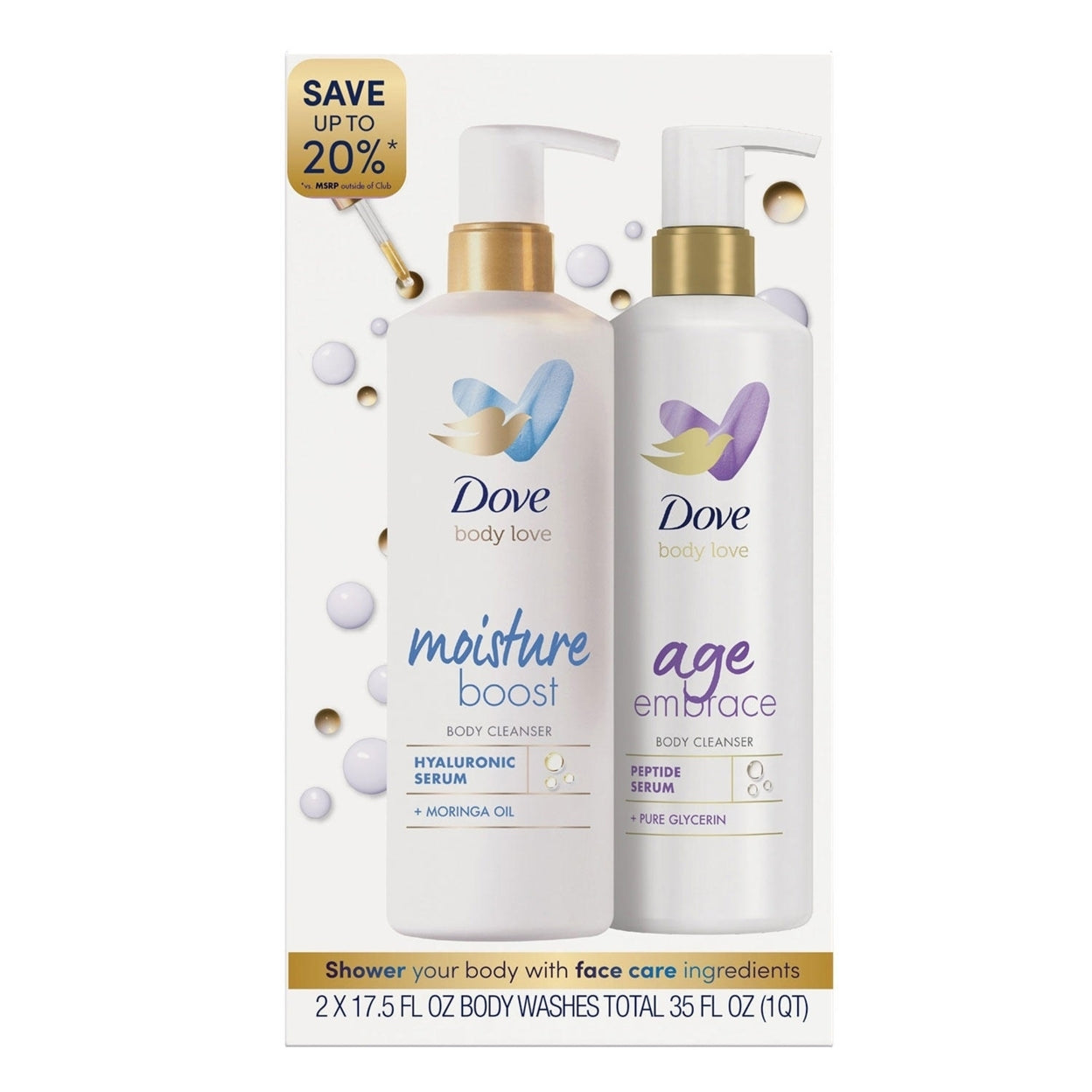 Dove Body Love Moisture Boost & Age Embrace Body Wash, 17.5 Fl Oz (Pack of 2)