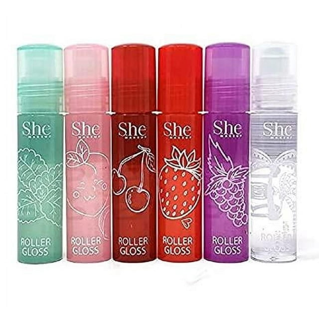 S.HE Makeup, Fruity-Pop Roller Gloss, Set of All 6 Flavor Scents 0.22oz / 6.3g Each