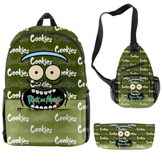 Green 'Rick and Morty Cookies' 3-Piece Backpack, Sling Bag, and Pencil Case Set
