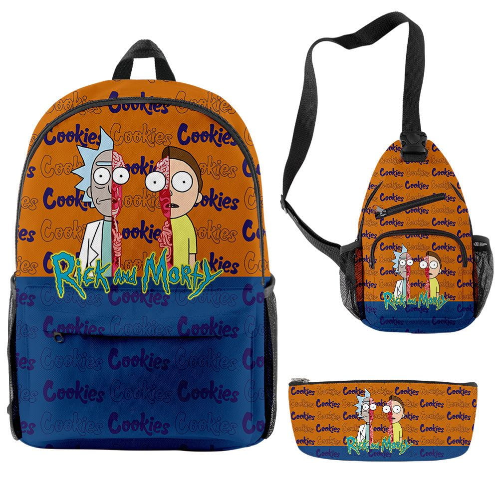 Orange and Blue 'Rick and Morty Cookies' 3-Piece Backpack, Sling Bag, and Pencil Case Set