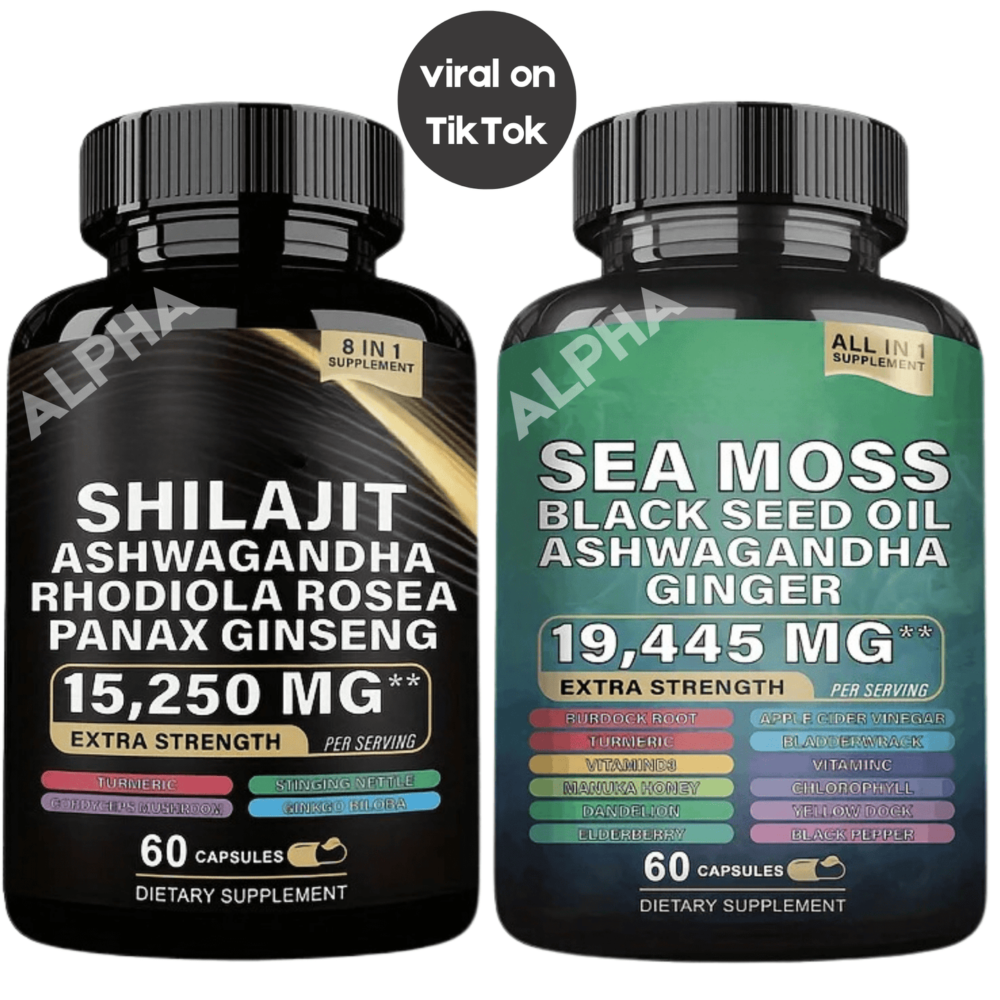 The Ultimate Sea Moss & Shilajit Bundle - 7000mg Sea Moss, 4000mg Black Seed Oil, 2000mg Ashwagandha, 9000mg Shilajit & Ginger, 1000mg Rhodiola Rosea, 1500mg Panax Ginseng, 30-Days Supply