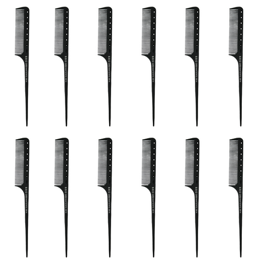 BBG Professional Carbon Comb with Pointed Handle | Medium Teeth 0914 | Black | 12pcs