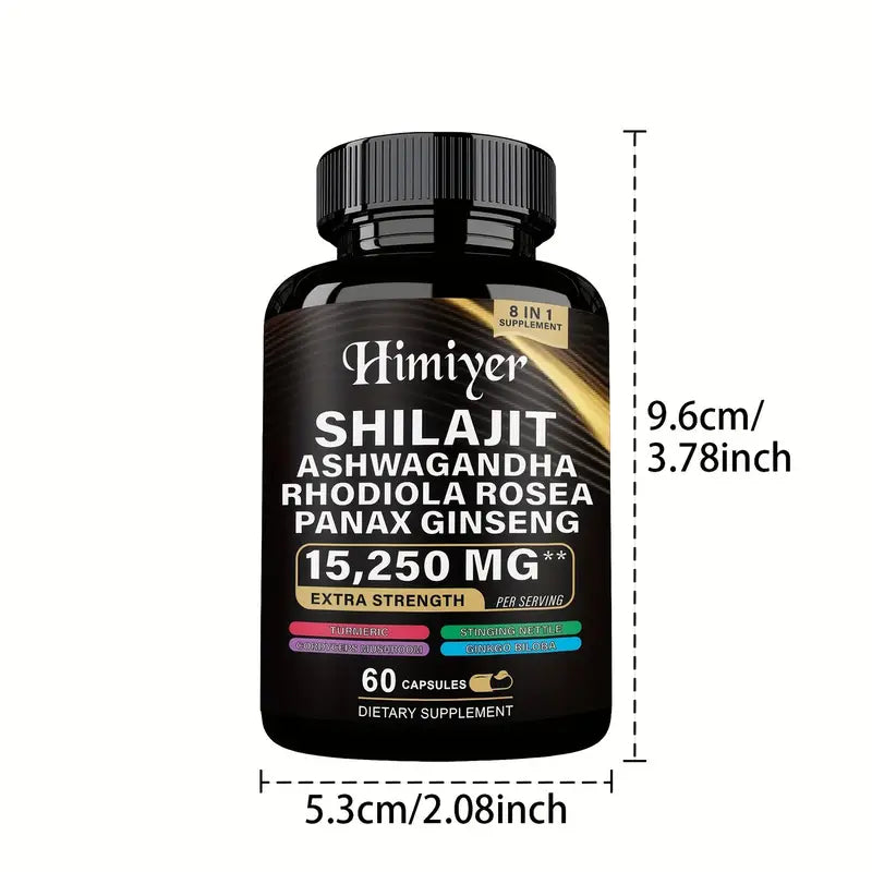 Himiyer 8-in-1 Shilajit Extra Strength Supplement - 15,250mg with Ashwagandha, Rhodiola Rosea & Panax Ginseng (60 Capsules)