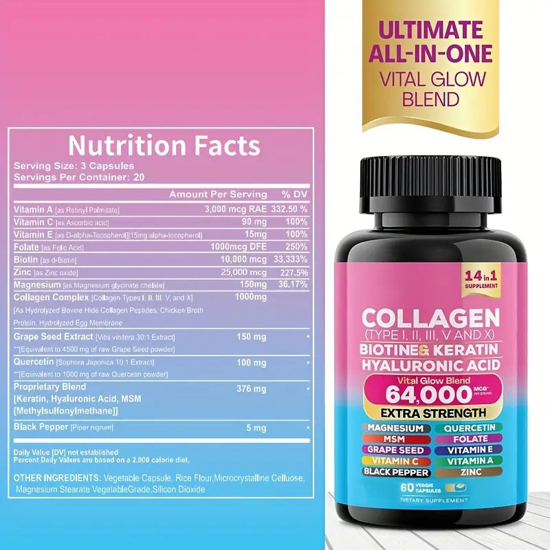 Extra Strength Collagen 64,000mcg - 14-in-1 Beauty Blend with Biotin, Keratin & Hyaluronic Acid (60 Veggie Capsules)