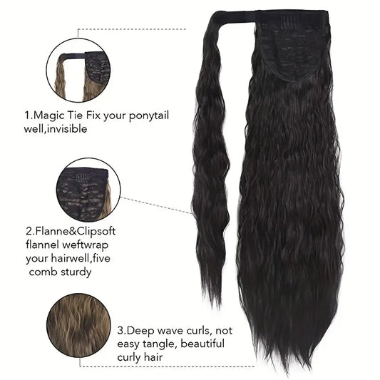 Velcro Synthetic Wrap Around Curly Hair Extensions - 22" & 34" Long Wavy Corn Hair Extensions for Women and Girls