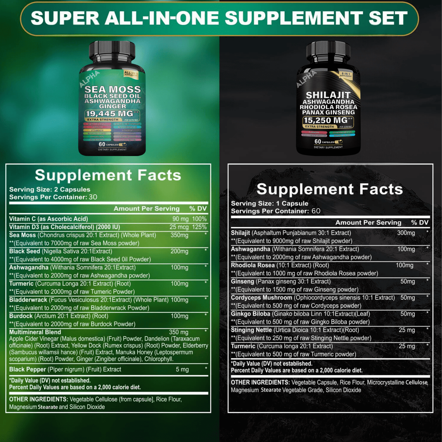 The Ultimate Sea Moss & Shilajit Bundle - 7000mg Sea Moss, 4000mg Black Seed Oil, 2000mg Ashwagandha, 9000mg Shilajit & Ginger, 1000mg Rhodiola Rosea, 1500mg Panax Ginseng, 30-Days Supply