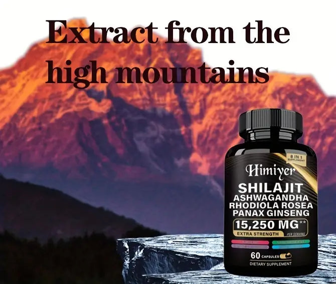 Himiyer 8-in-1 Shilajit Extra Strength Supplement - 15,250mg with Ashwagandha, Rhodiola Rosea & Panax Ginseng (60 Capsules)