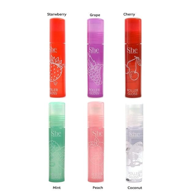 S.HE Makeup, Fruity-Pop Roller Gloss, Set of All 6 Flavor Scents 0.22oz / 6.3g Each