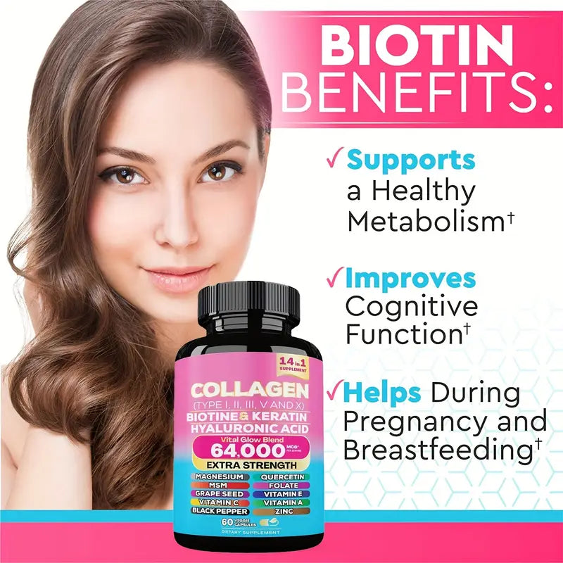 Extra Strength Collagen 64,000mcg - 14-in-1 Beauty Blend with Biotin, Keratin & Hyaluronic Acid (60 Veggie Capsules)