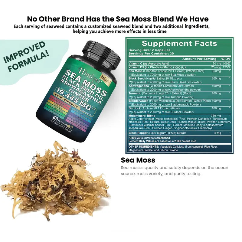 Himiyer Sea Moss Supplement - 19,445mg Extra Strength with Black Seed Oil, Ashwagandha & Ginger (60 Capsules)