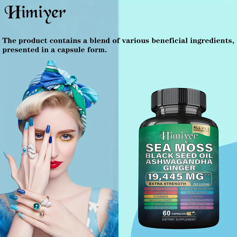 Himiyer Sea Moss Supplement - 19,445mg Extra Strength with Black Seed Oil, Ashwagandha & Ginger (60 Capsules)