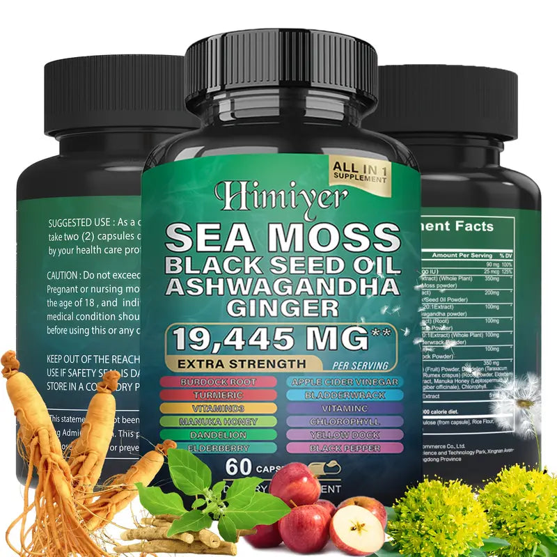 Himiyer Sea Moss Supplement - 19,445mg Extra Strength with Black Seed Oil, Ashwagandha & Ginger (60 Capsules)