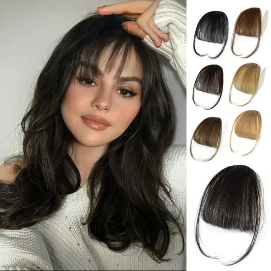 Clip-In Bangs: 100% Human Hair Extensions with Natural Flat Neat Bangs, Temples, and Nice Net for Women - One-Piece Hairpiece