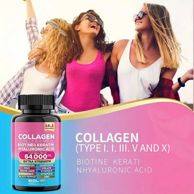 Extra Strength Collagen 64,000mcg - 14-in-1 Beauty Blend with Biotin, Keratin & Hyaluronic Acid (60 Veggie Capsules)