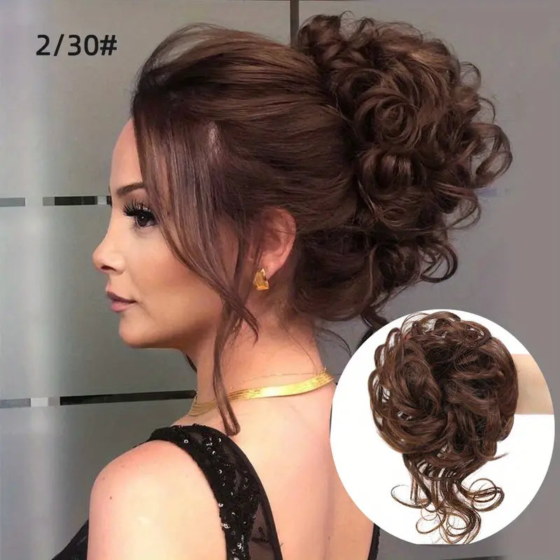 Black Brown Messy Curly Hair Bun Chignon: Synthetic Scrunchy Hair Band with synthetic Hair Tail Hairpieces - Women's Hairpins