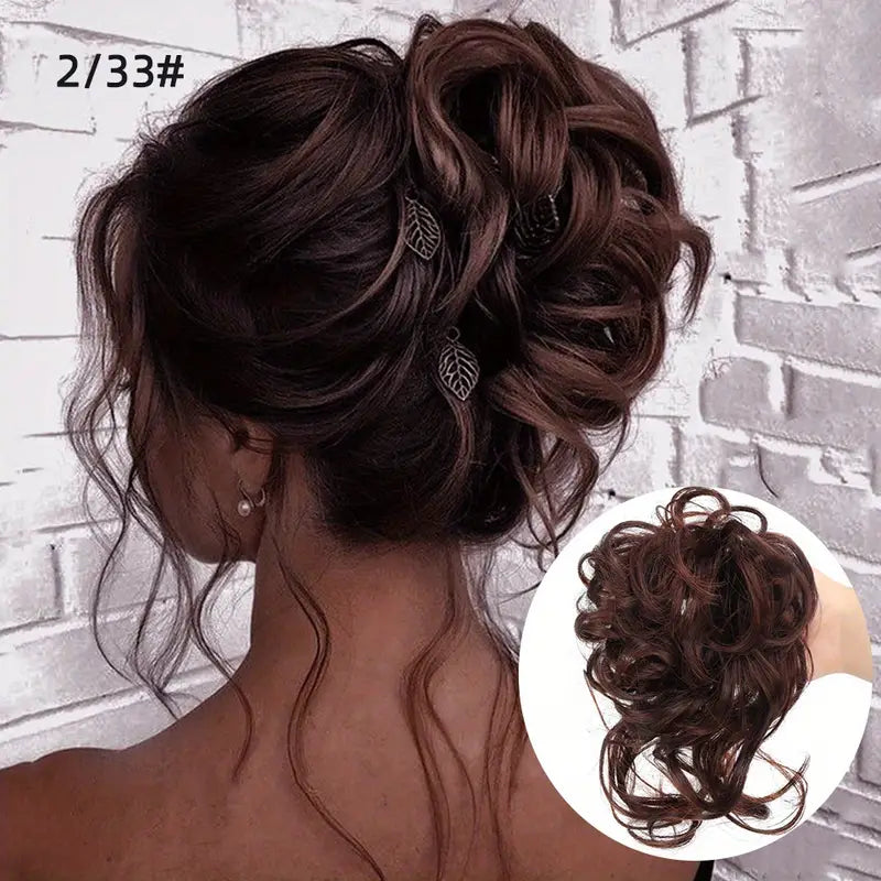 Black Brown Messy Curly Hair Bun Chignon: Synthetic Scrunchy Hair Band with synthetic Hair Tail Hairpieces - Women's Hairpins