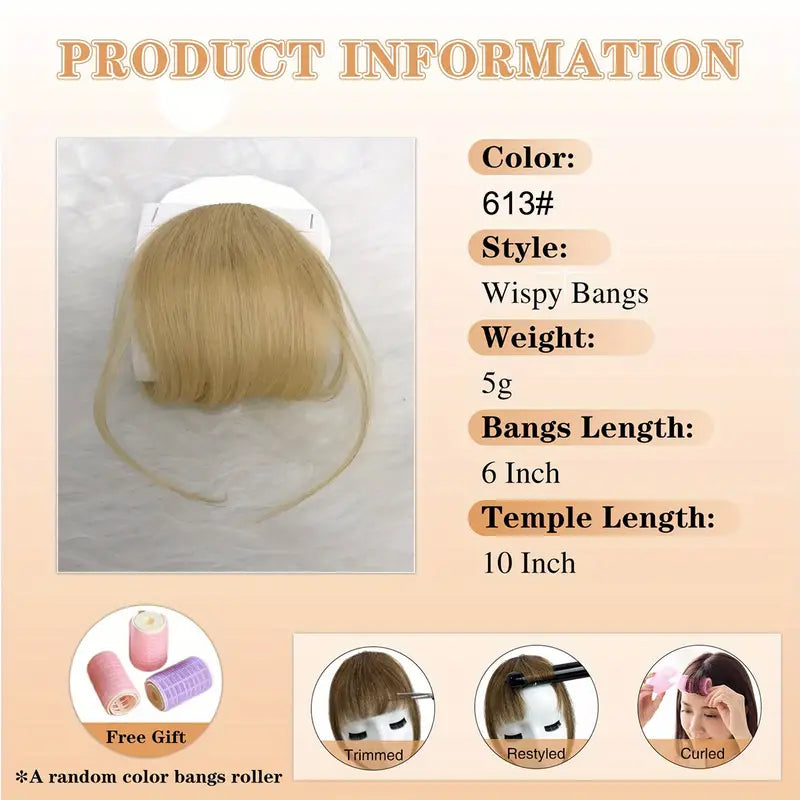 Clip-In Bangs: 100% Human Hair Extensions with Natural Flat Neat Bangs, Temples, and Nice Net for Women - One-Piece Hairpiece