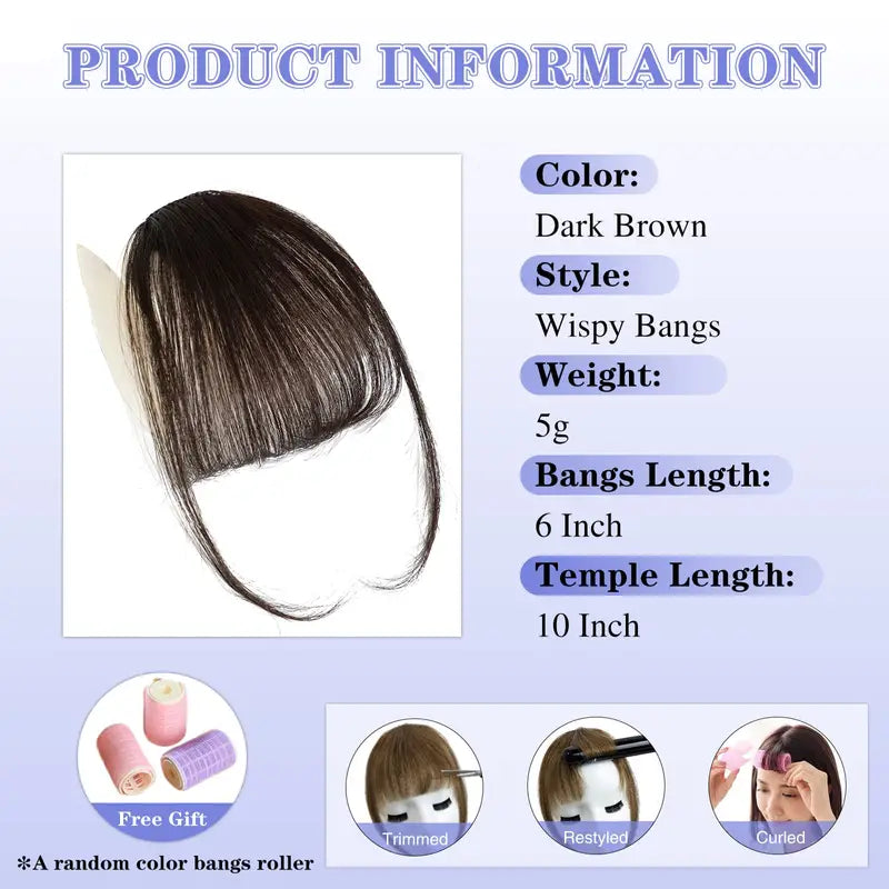 Clip-In Bangs: 100% Human Hair Extensions with Natural Flat Neat Bangs, Temples, and Nice Net for Women - One-Piece Hairpiece