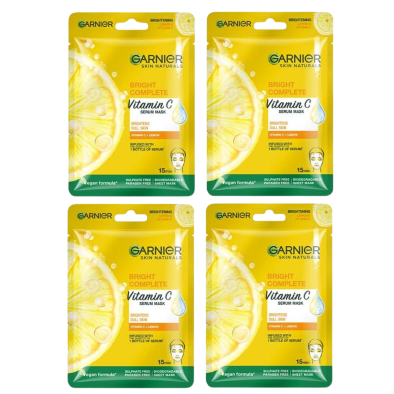Garnier Skin Naturals Bright Complete Vitamin C Serum Mask, 15 min - Brightens Dull Skin, Pack of 4 - Image 1